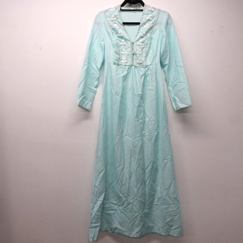 Vintage 60s 70s Schiesser Embroidered Boho Light Aqua Blue Maxi Nightgown sz 38